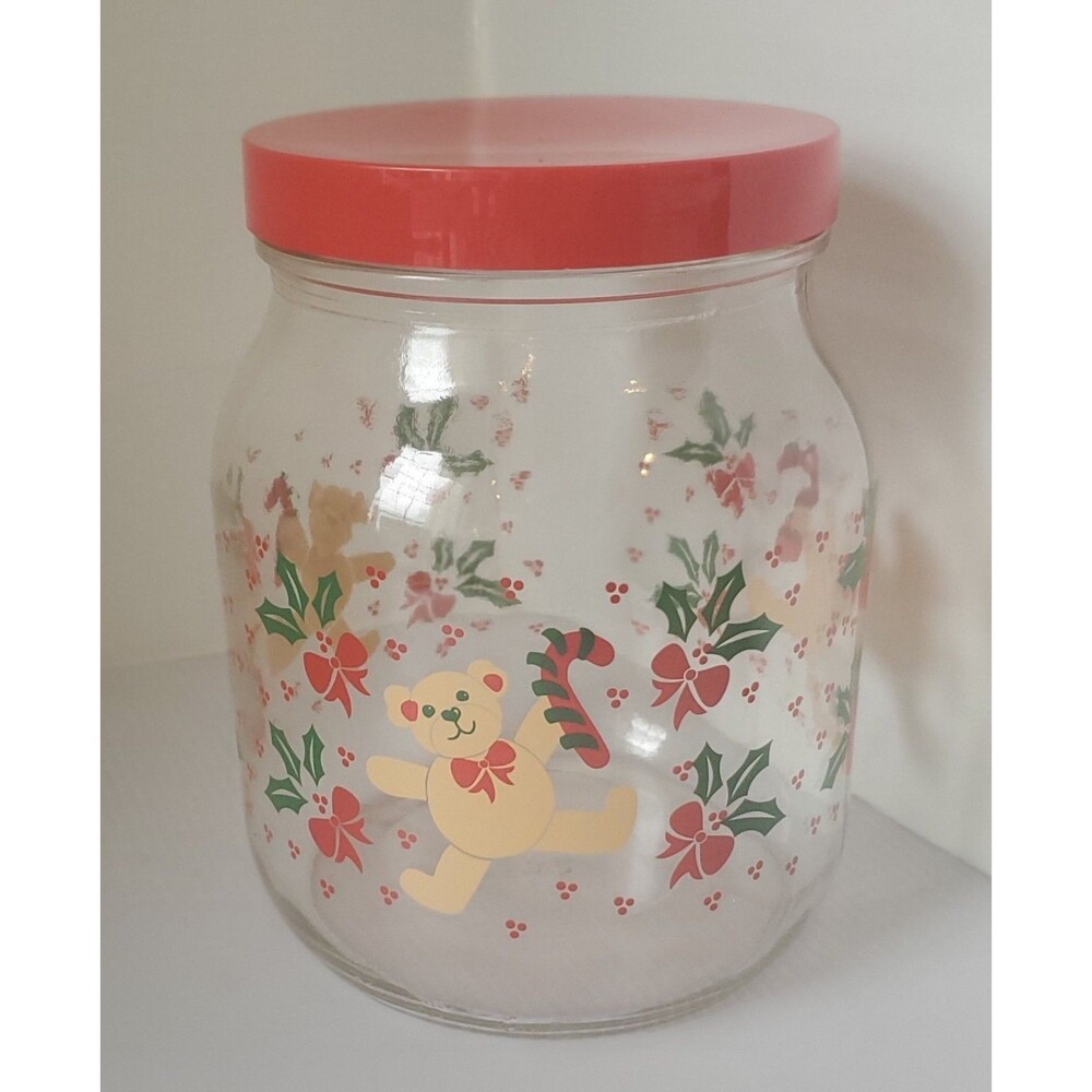Anchor Hocking Glass Jar Canister Christmas Cookie Teddy Bear Holly Bows 7” VTG